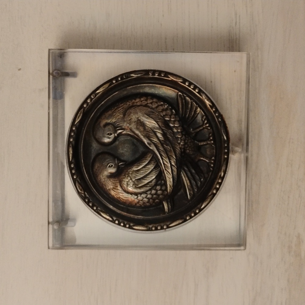 Vintage Lucite Compact,  1940s Coro, Sterling Silver Medallion, Pair of Doves